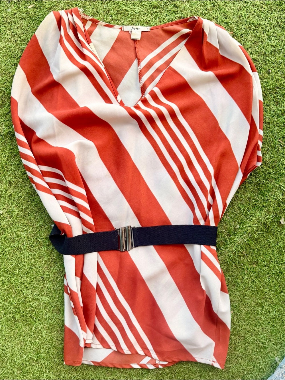 Papaya Rust and White Striped Belted Blouse